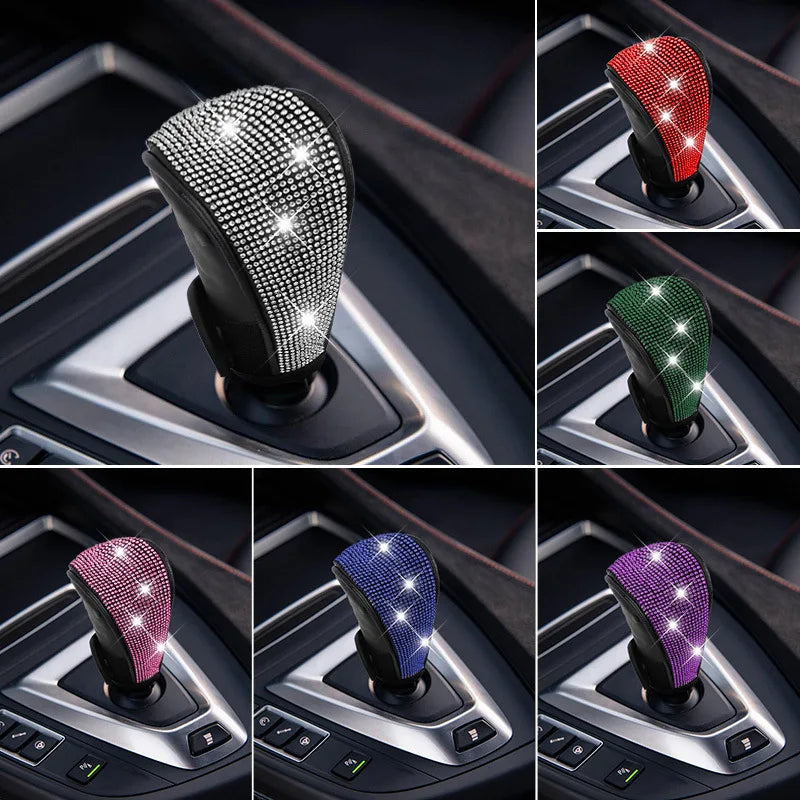 A collection of gear shift knob covers featuring various colors and rhinestone patterns for protection.