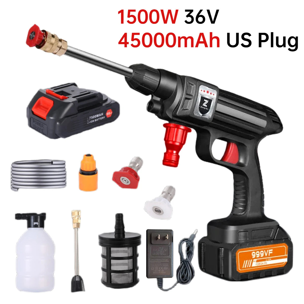 Schwarze Hochdruck-Waschpistole mit 1500W 36V-Akku und Zubehör.