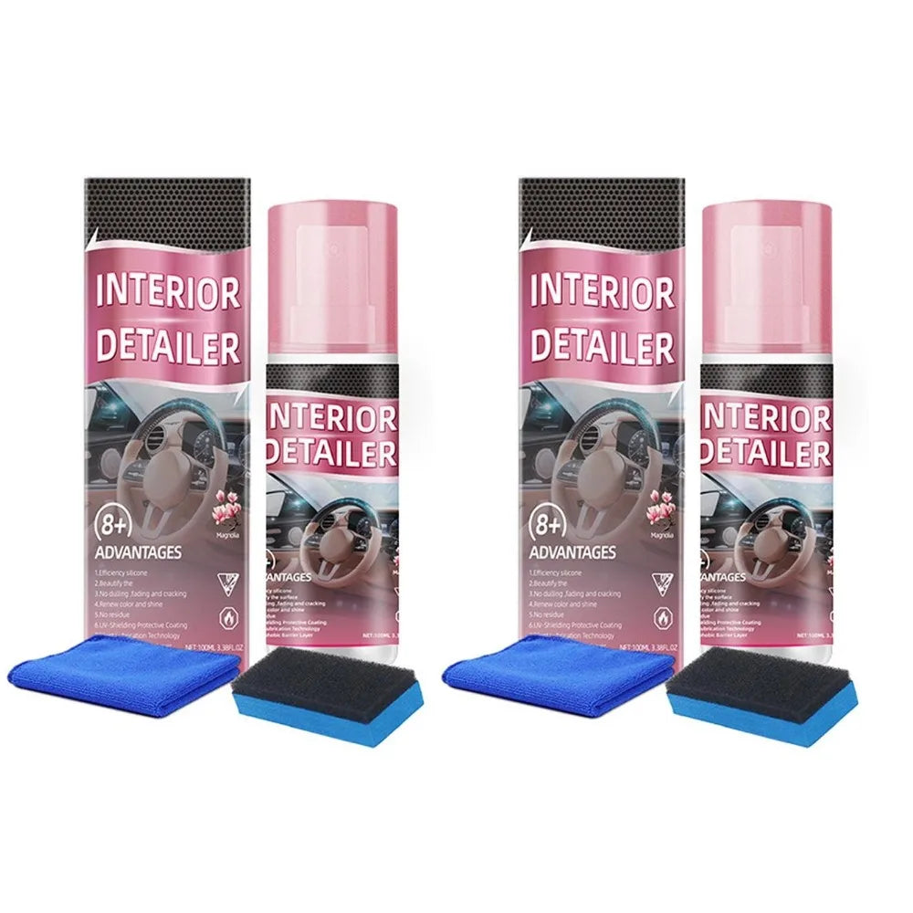 Three bottles of interior detailer spray with foam applicators and blue cleaning pads.