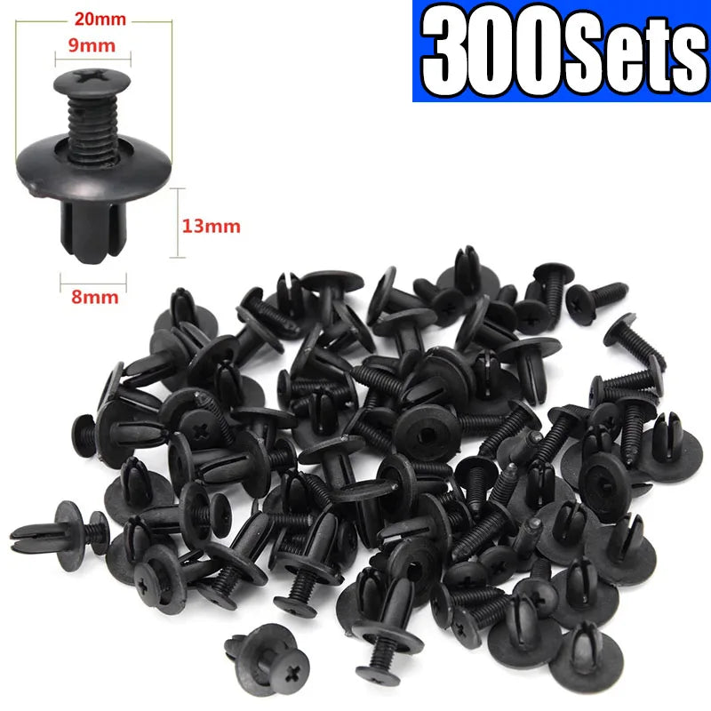 A pile of black 8mm plastic rivet fasteners for automotive and DIY projects.