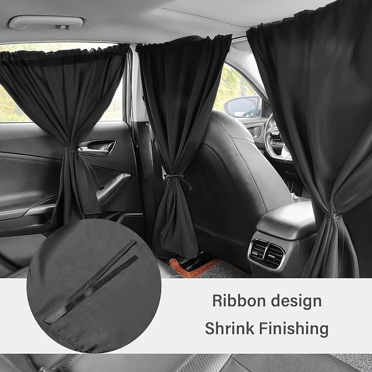 Black ribbon design shrink finishing car privacy curtains shown on a vehicle interior.