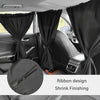 Black ribbon design shrink finishing car privacy curtains covering the windows of a vehicle interior.