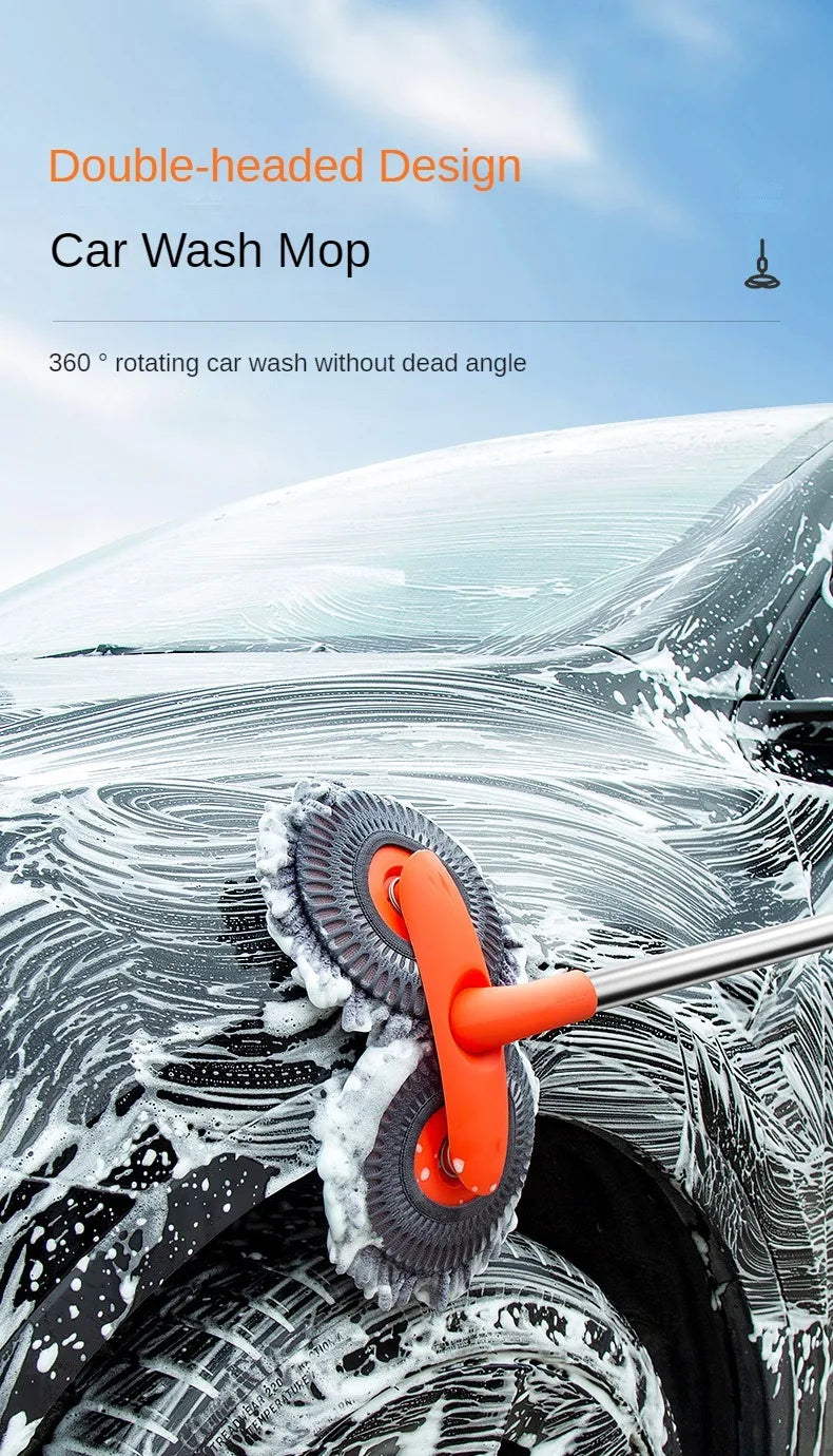 An orange double-headed rotating car wash mop is cleaning the surface of a car's hood.