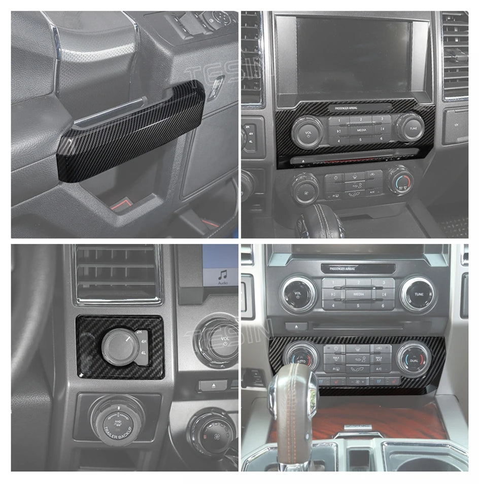 Finition de console centrale en fibre de carbone pour Ford F-150, montrant les détails intérieurs et le tableau de bord.