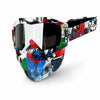 Tactical full face motorcycle goggles with colored lenses featuring a vibrant, multi-colored graphic design.