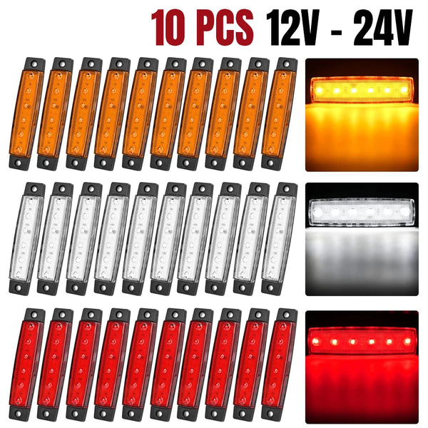 A pack of ten 12V to 24V universal vehicle LED signal bulbs in red and amber colors.