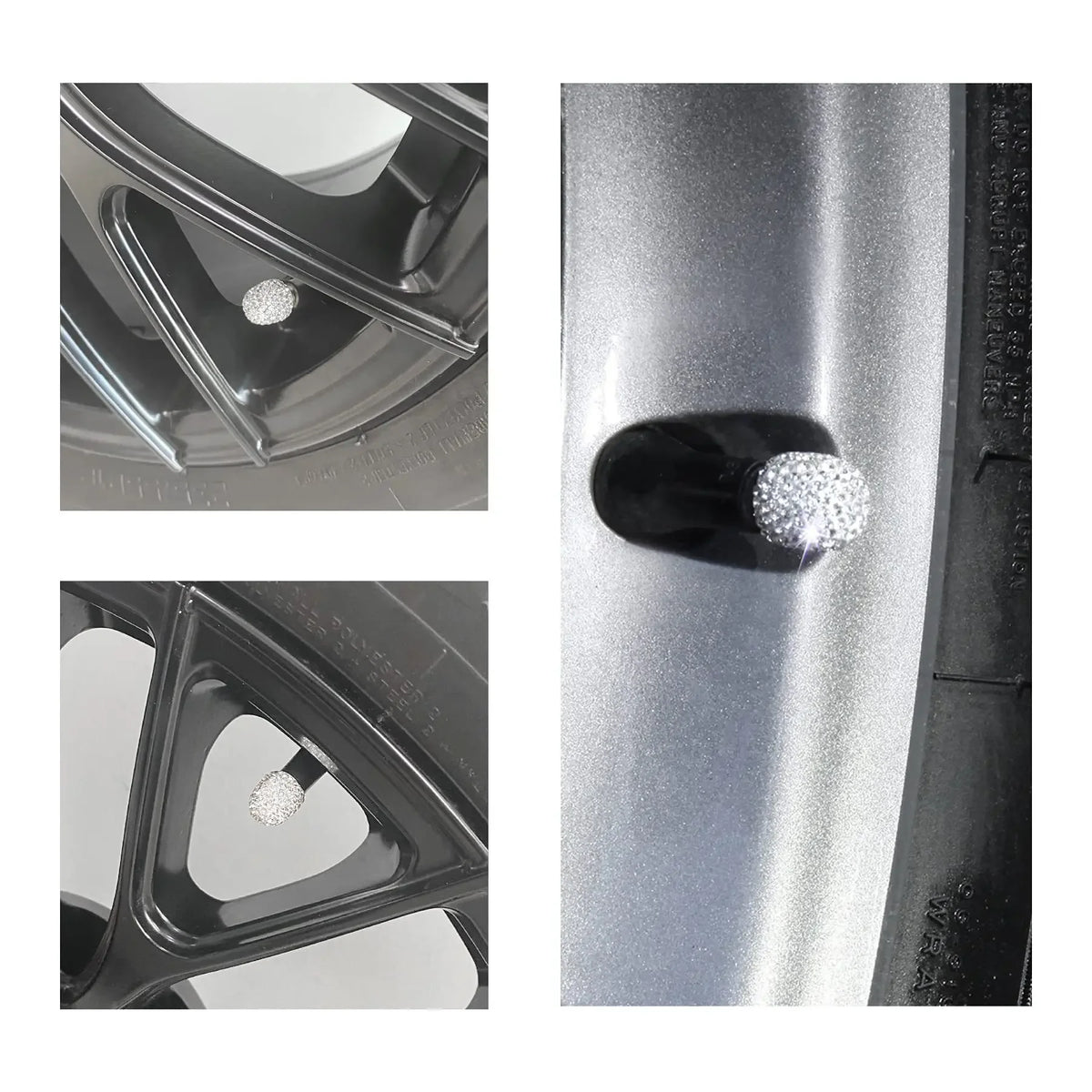 Nahaufnahme eines silbernen Auto-Rades mit diamantbesetzten Ventildeckeln.