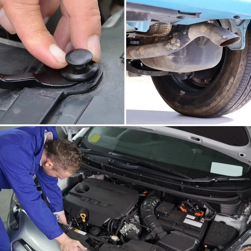 A hand is shown using a plastic rivet or push pin to fasten a car bumper, demonstrating universal car bumper fasteners.