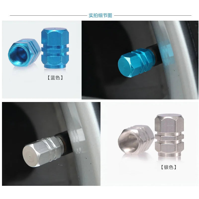 Set of four hex aluminum alloy tire valve caps in blue and silver colors shown with close-up views.