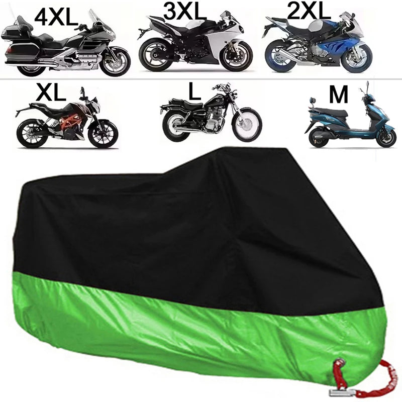 A collection of motorcycle covers in various sizes (XL to M) displayed above a black and lime green waterproof cover.