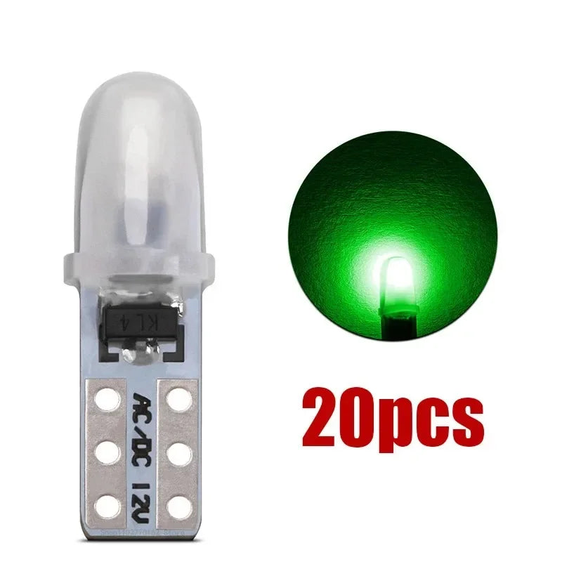 A set of 20 T5 LED dashboard and license plate bulbs, showing the individual bulb and the complete set.