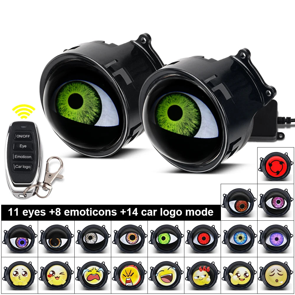 A black LED halo ring with multiple eyes and emoticons displayed on a remote control.
