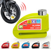 A yellow alarm disc lock is shown next to various colored security locks for motorcycle and bicycle use.
