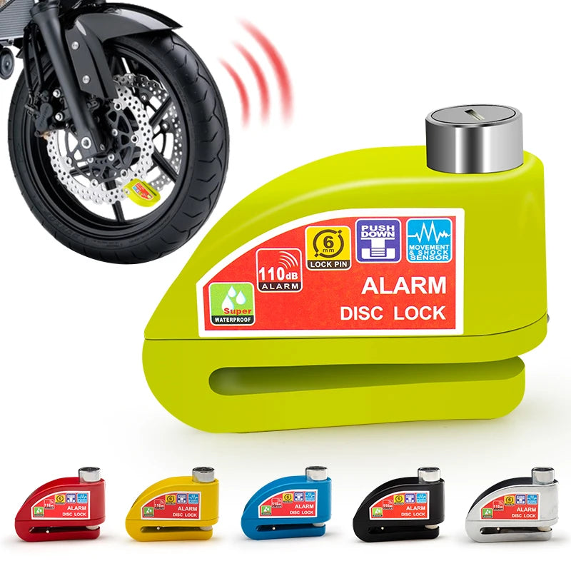 A yellow alarm disc lock is shown next to various colored security locks for motorcycle and bicycle use.