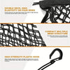 Close-up view of a black high-stretch double-layer mesh net with plastic hooks for motorcycle cargo.