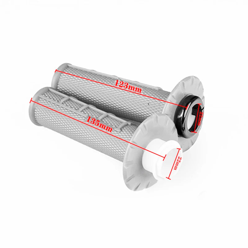 A pair of silver motorcycle handlebar grips with measurements indicated.