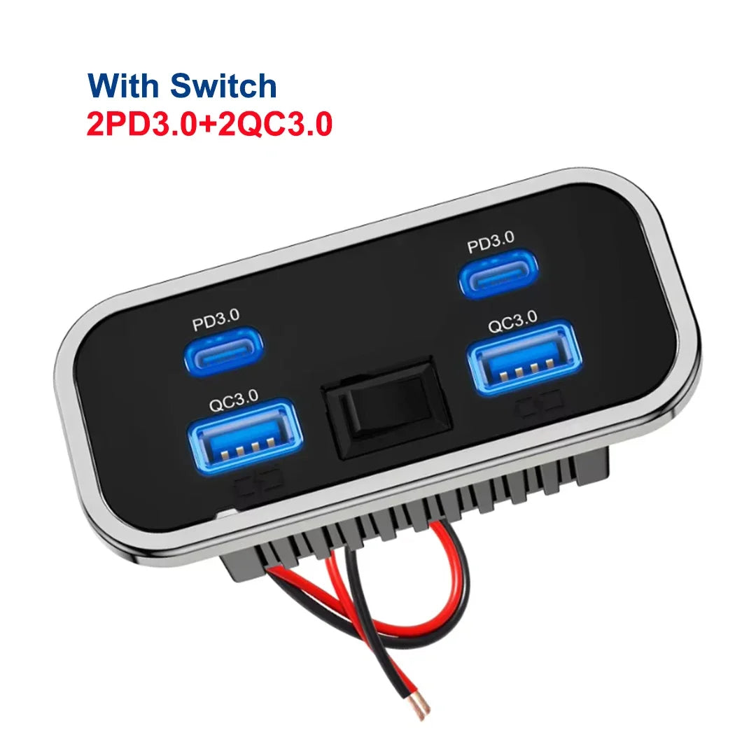 A black universal DC car charger adapter with switch, featuring PD3.0 and QC3.0 ports.