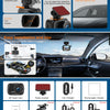 A 4K dual-lens dash cam is shown with various accessories like a paste bracket, car charger, and GPS module installed in a ca