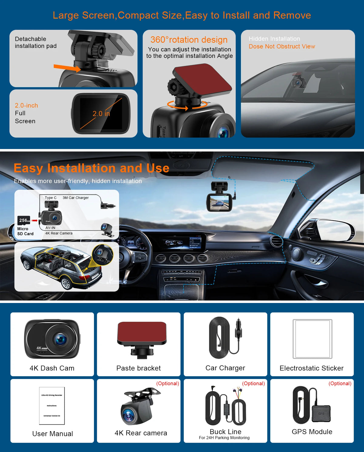 A 4K dual-lens dash cam is shown with various accessories like a paste bracket, car charger, and GPS module installed in a ca