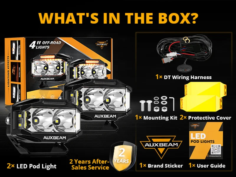 Boxed set of AUXBEAM 4-inch LED off-road lights with wiring harness, mounting kit, protective cover, and user guide.