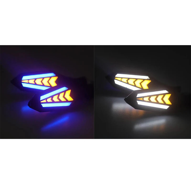 Ein Paar universelle Motorrad-LED-Blinker, die blaue und gelbe Lichtmuster zeigen.