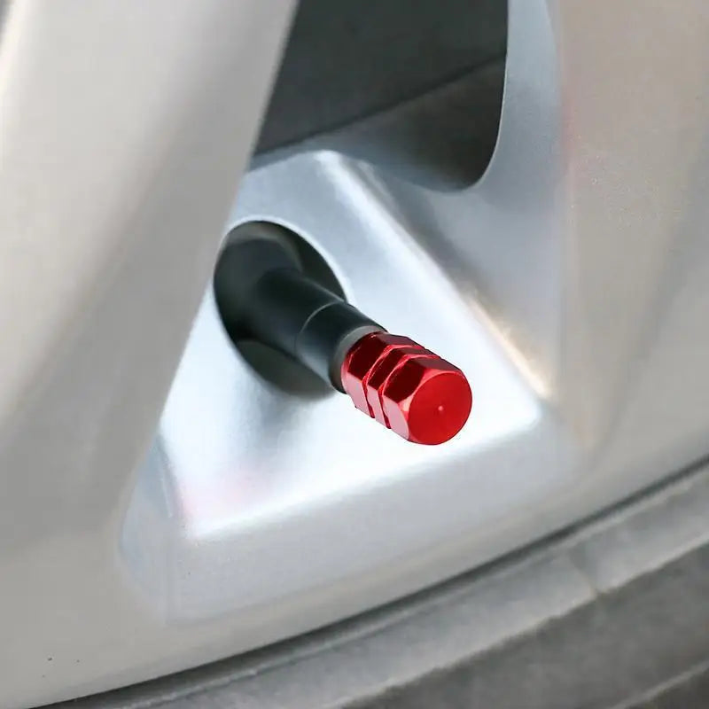Close-up view of a black tire valve cap with a red accent, set within a silver aluminum housing.
