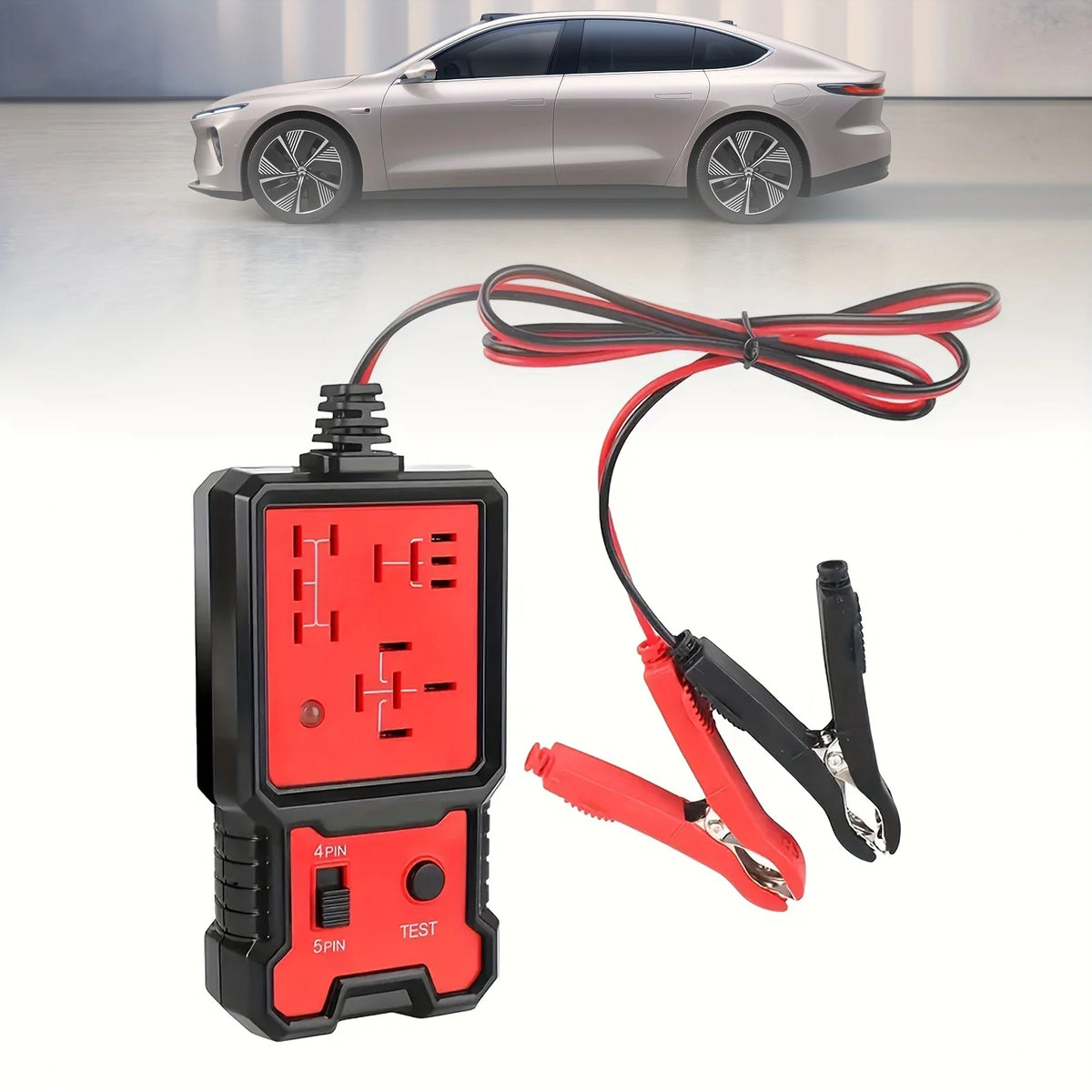 A black automotive relay tester with a red test button and wires, shown next to a silver car.