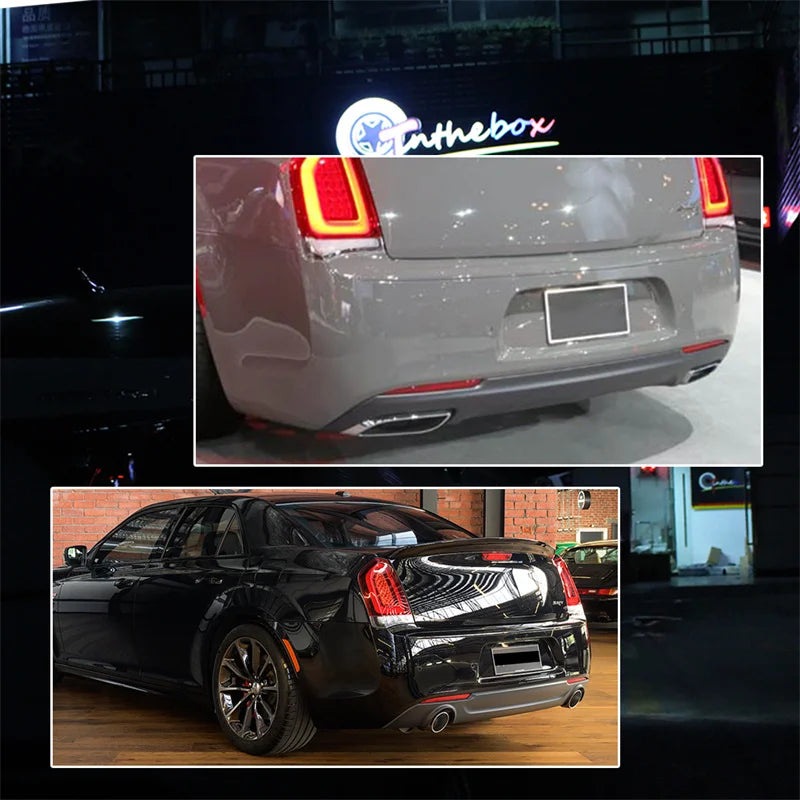 Close-up view of a silver Chrysler 300 rear bumper with aftermarket reflector light covers.