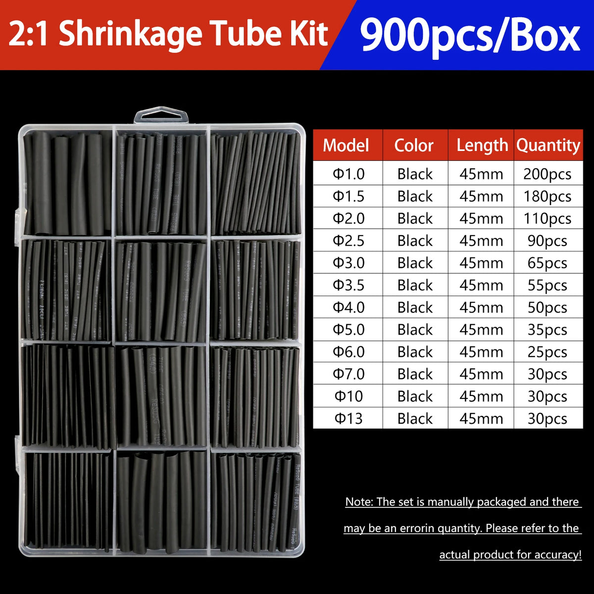 A box of 900 pieces of 2:1 shrinkage tubing kit with various black lengths and models.