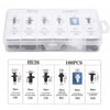 A plastic storage box containing various sizes of auto fastener clips labeled C05, C20, C32, B01, D02, and A16
