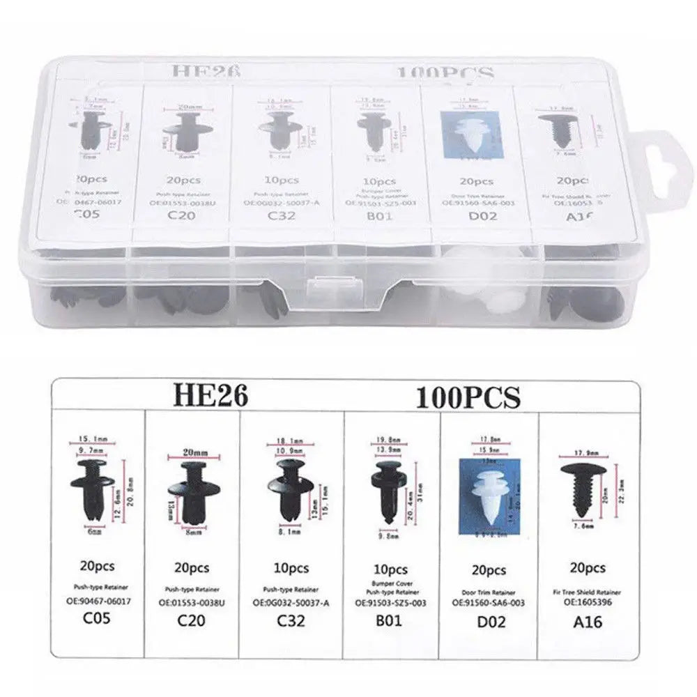 A plastic storage box containing various sizes of auto fastener clips labeled C05, C20, C32, B01, D02, and A16