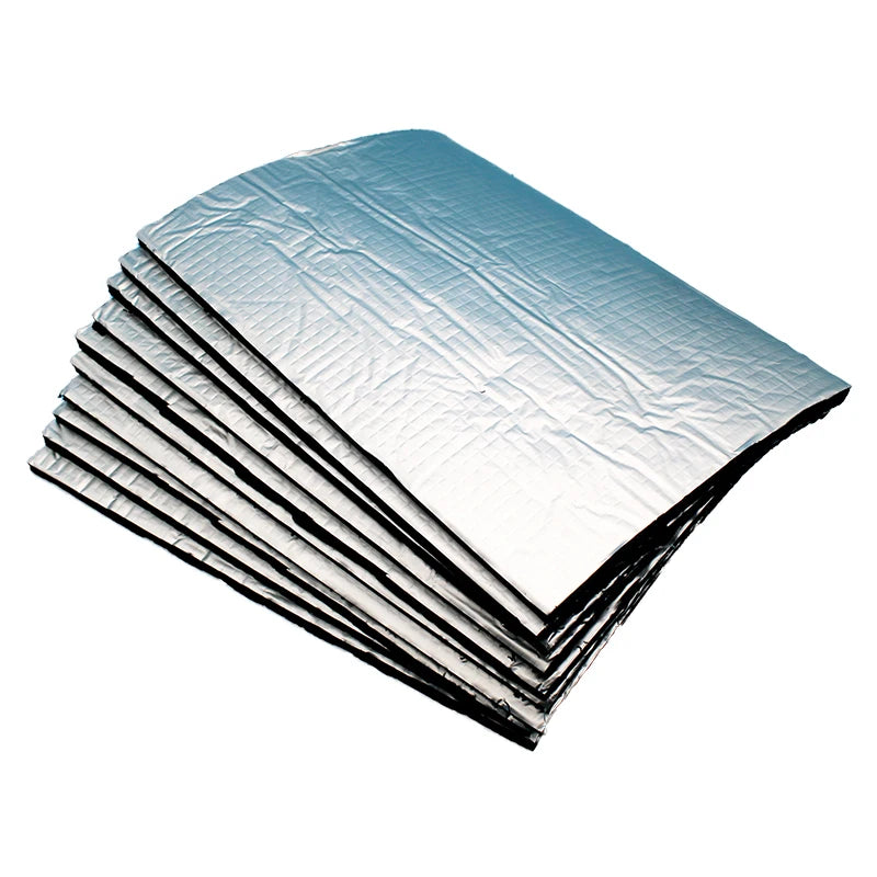 Stack of silver heavy duty sound deadening mats for automotive