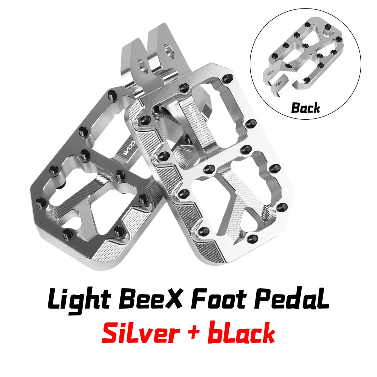 Silver and black Light BeeX foot pedal assembly for e-bikes and motorcycles, shown with a back view.