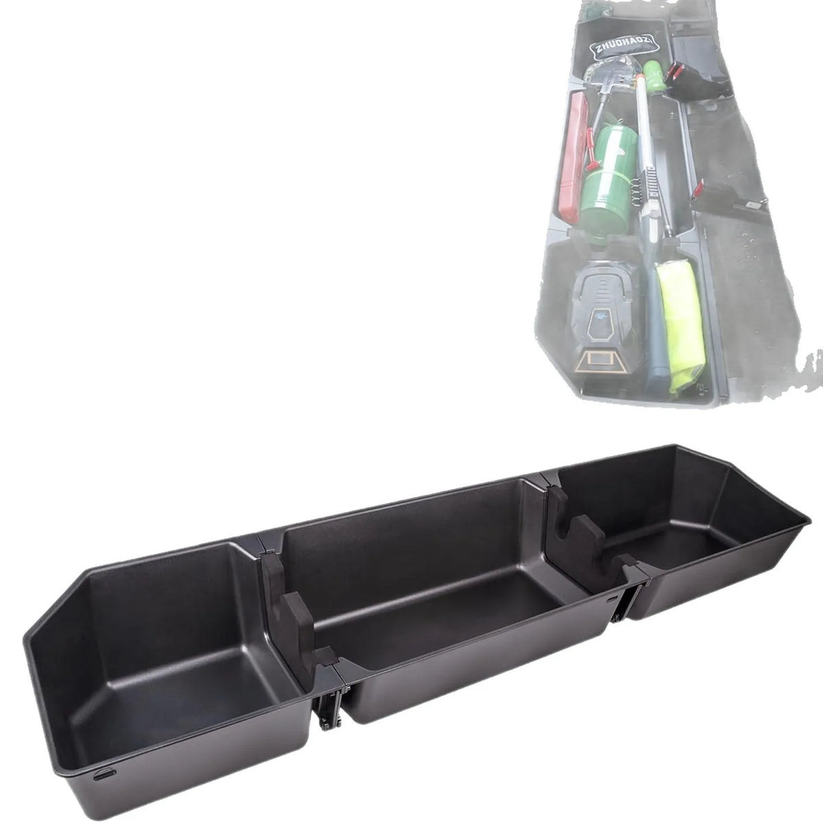 Black under seat storage box designed for Ford trucks with various tools and accessories.
