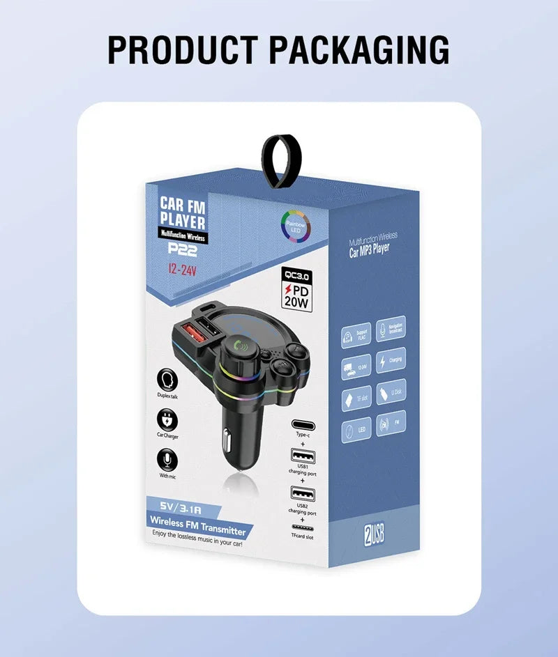 A box packaging for a car FM player unit with various cables and accessories.