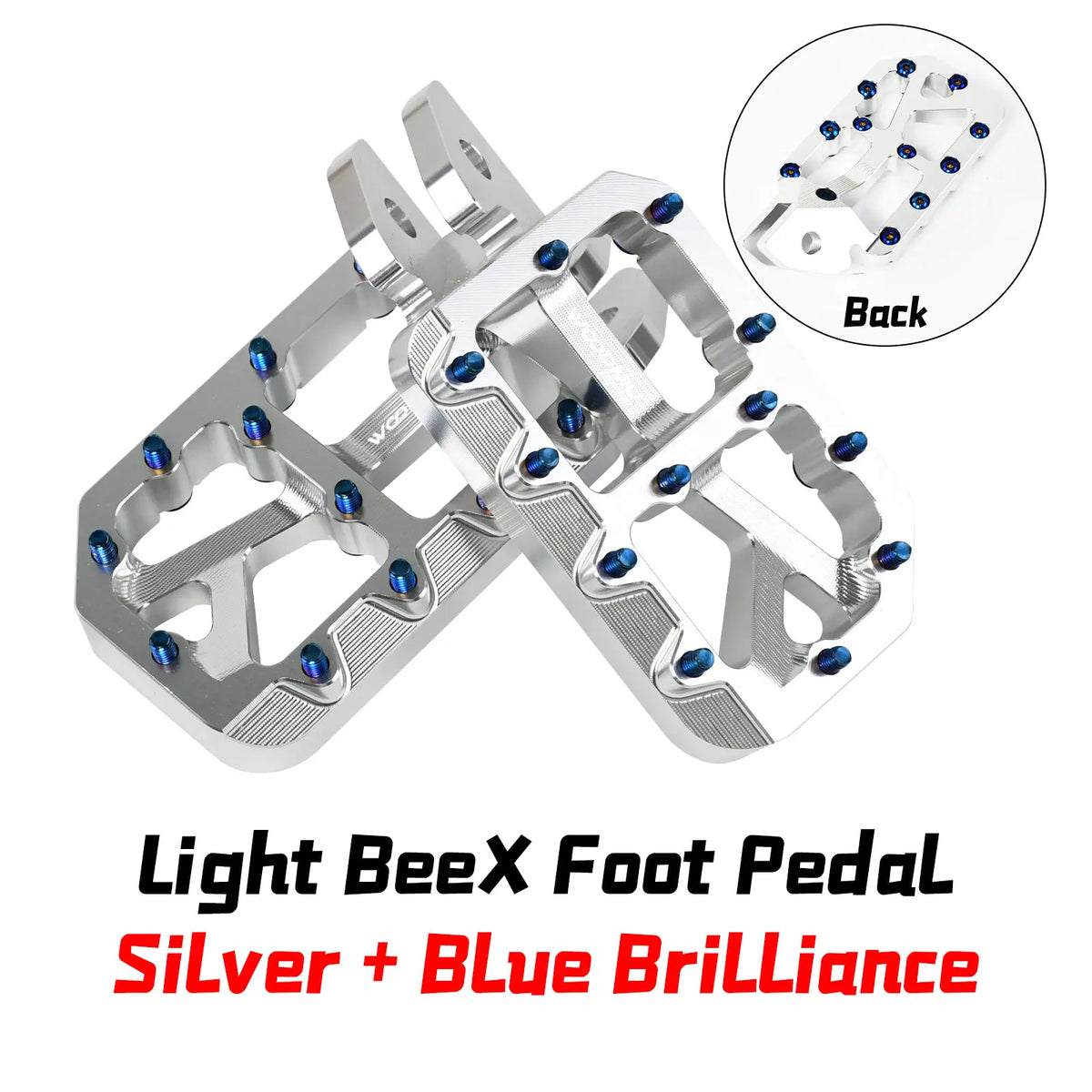 Silver Light BeeX Foot Pedal with blue brilliance pegs shown from the side and back.