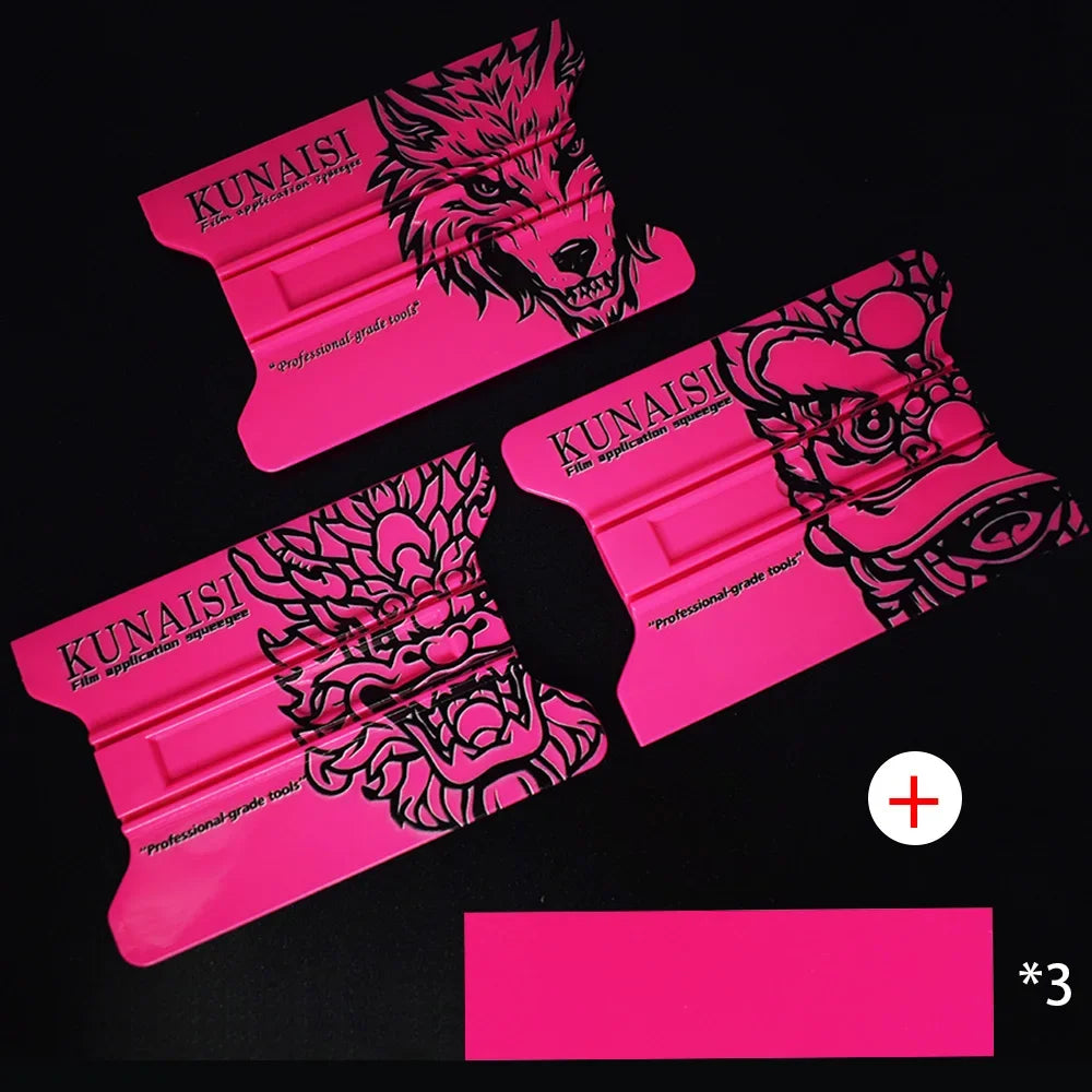 A set of pink magnetic suction car vinyl wrap film scrapers with detailed fox-like designs.