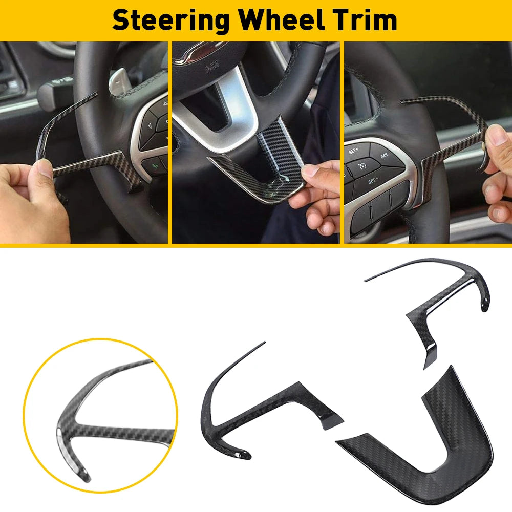 Close-up view of a black steering wheel trim cover for Dodge and Jeep vehicles, showing various installation angles.