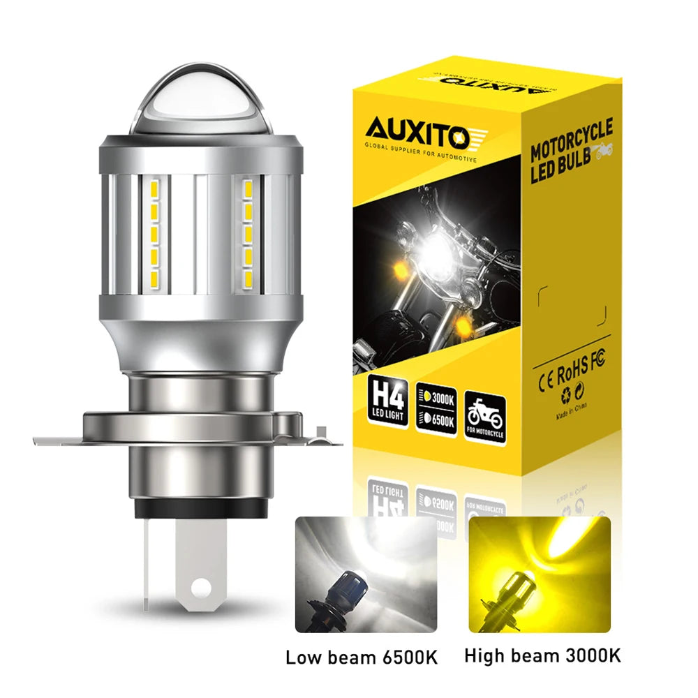 A single AUXITO H4 LED light bulb is shown with its low beam and high beam performance specifications.