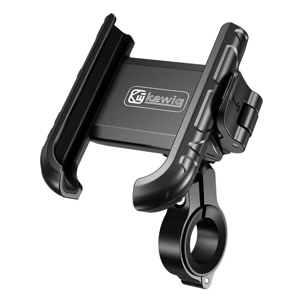 Support universel pour téléphone de moto noir avec mécanisme de serrage.