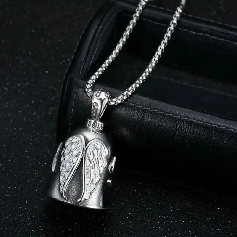 Silver angel guardian pendant necklace with wings on a black leather case