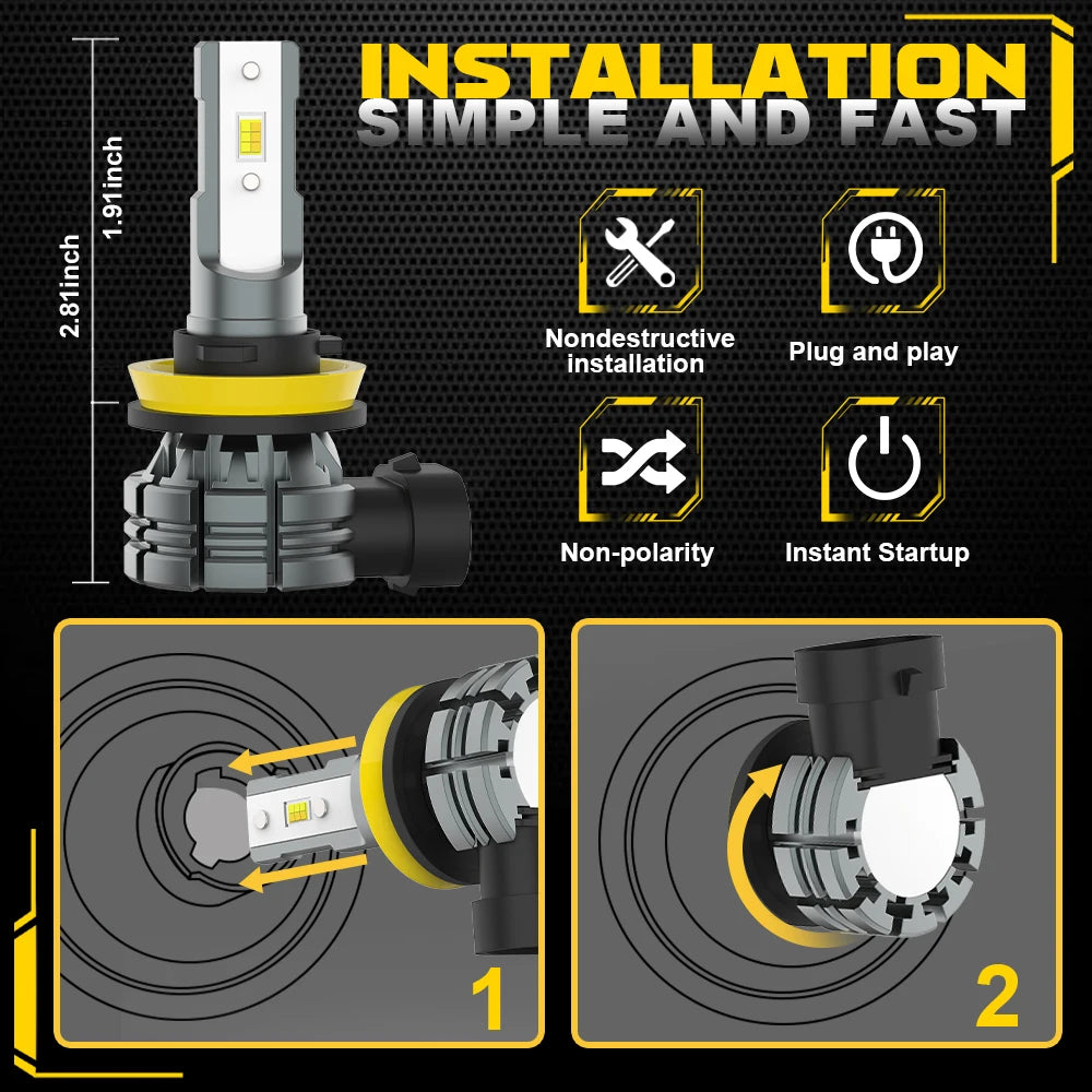 Installation simple and fast guide showing non-destructive plug and play installation of LED fog lights.