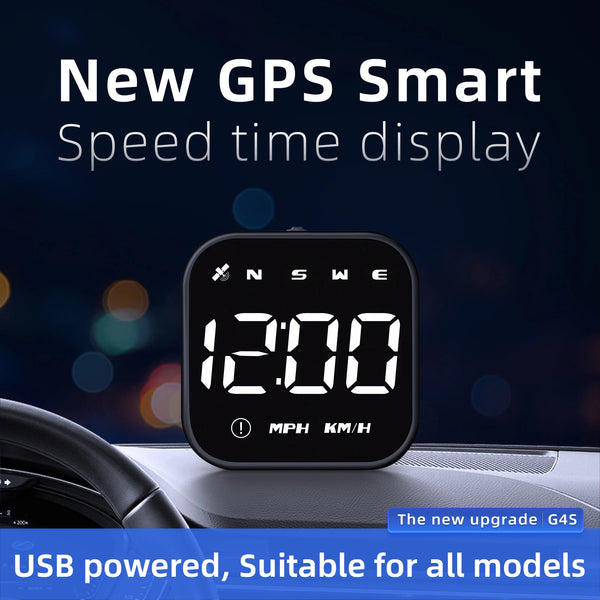 A black GPS smart speed time display mounted on a car dashboard, showing 12:00 and MPH/KM/H units.