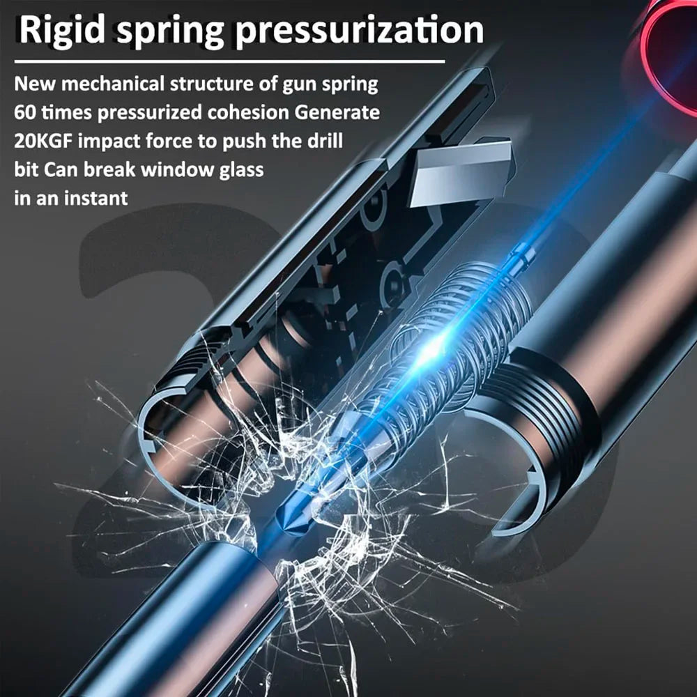Close-up of a rigid spring pressurization tool demonstrating impact force on glass.