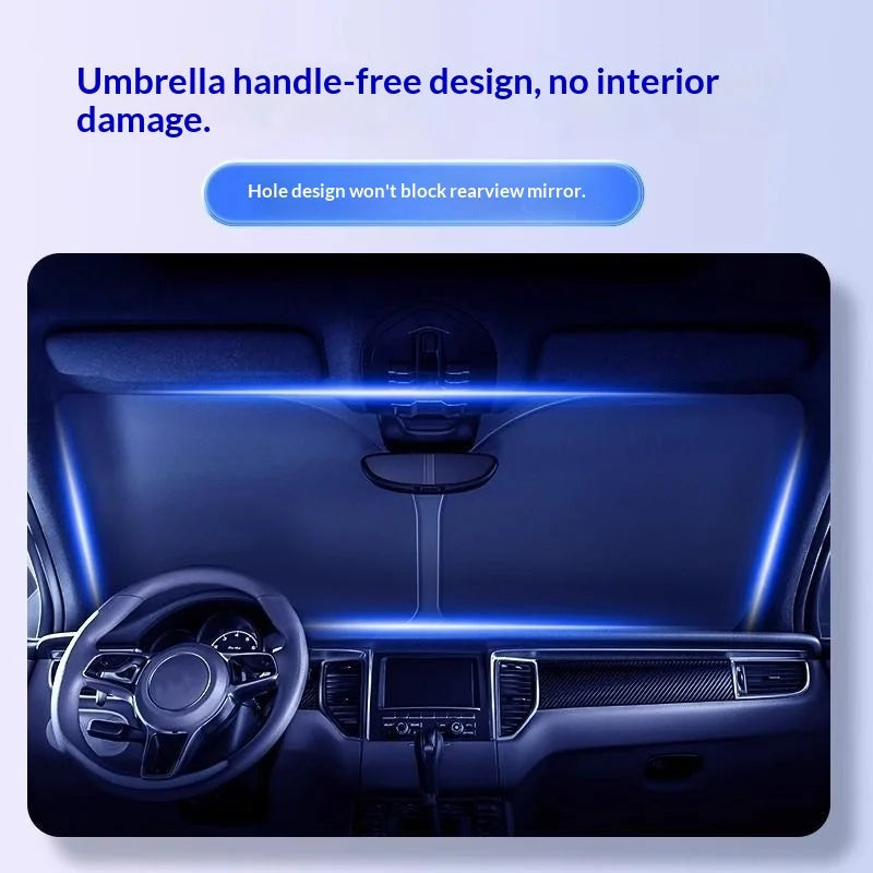 Interior view of a car showing an umbrella handle-free design protecting the rearview mirror.