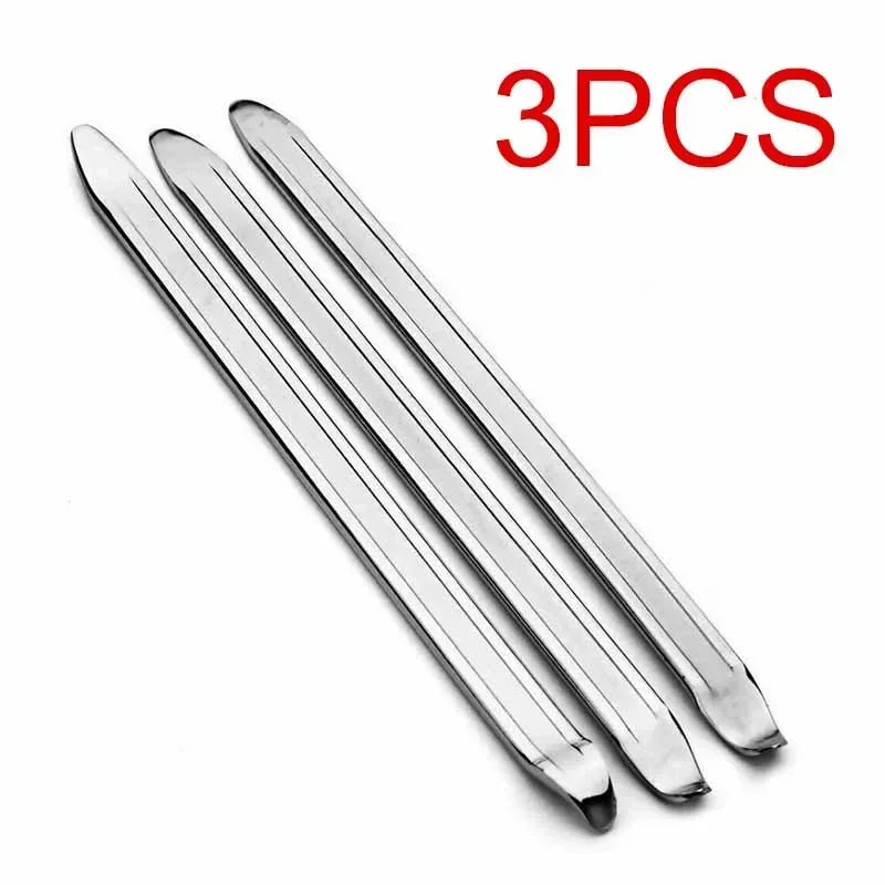 Three shiny metal tire wrench and rim opener tools displayed on a white background.
