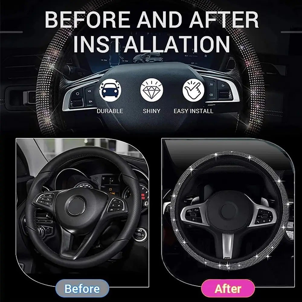 Before and after installation of a rhinestone bling steering wheel cover showing durability, shine, and easy install.