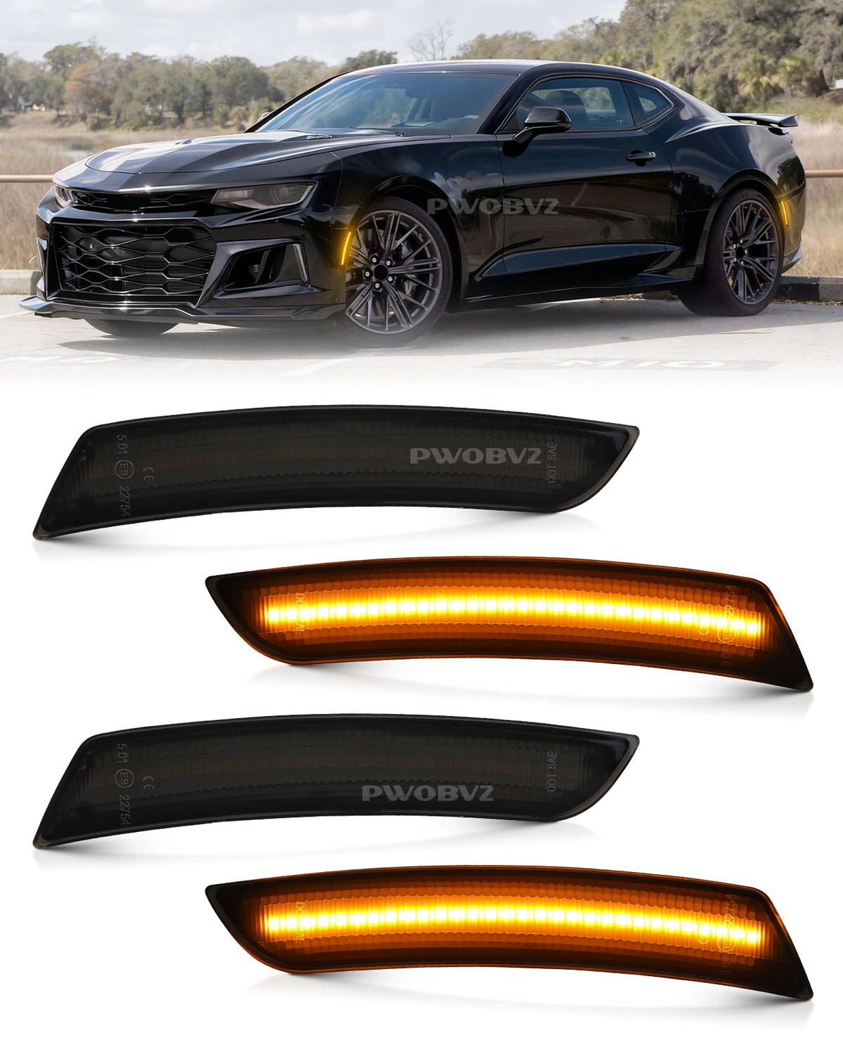 A set of black and amber LED turn signal lights for a Camaro or Cadillac vehicle.