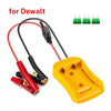A yellow battery jumper clamp with a black connector and red wire, shown next to multiple green battery clamps.