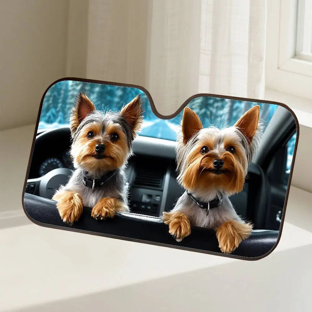A dog-themed car windshield sunshade featuring two small, fluffy terrier dogs.